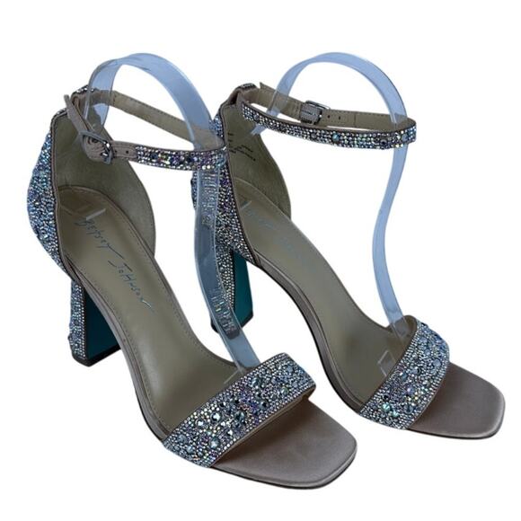 Betsey Johnson Dani Sandals Spool Heel Womens 8.5 M Shiny Rhinestones Buckle - Picture 2 of 11
